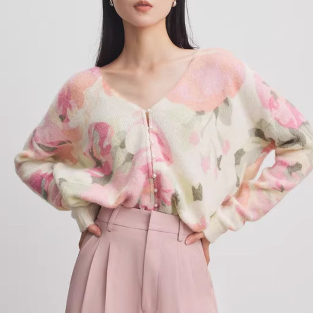 Sezane Lisette Cardigan Medium Pink Cream Floral Kid Mohair Sweater Knit French - Picture 14 of 15